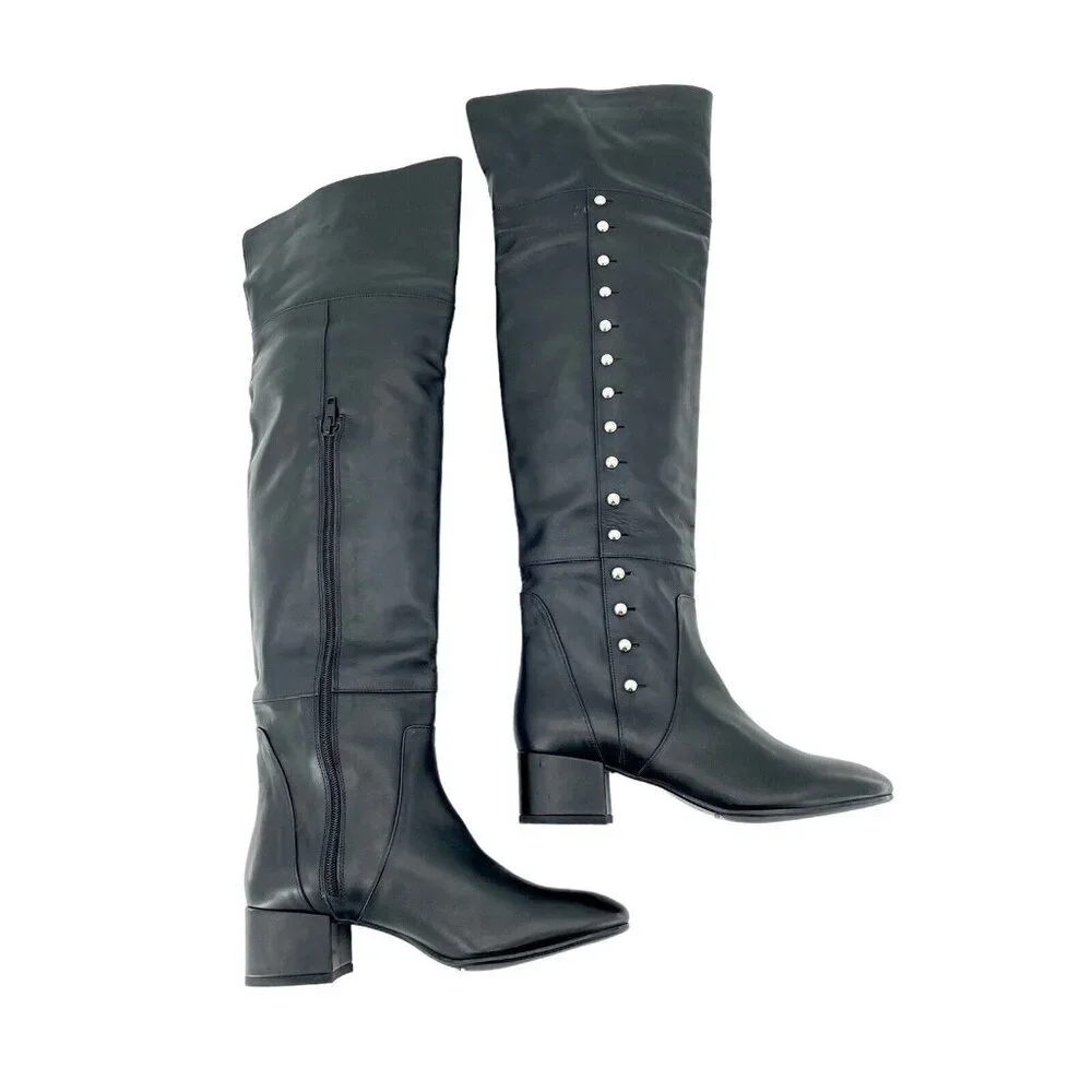 Charles David Boots Black Leather Over-The-Knee Studded Military SZ 6.5 NEW